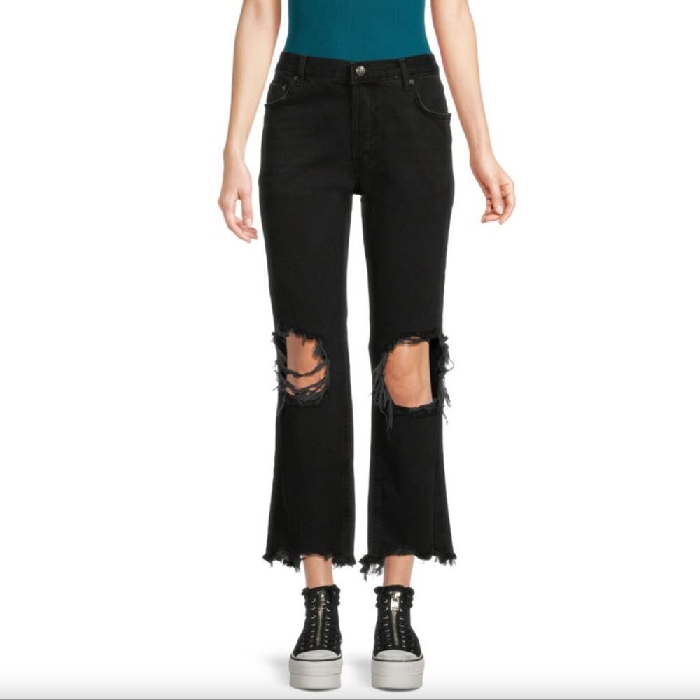 Free People Women's Maggie Mid Rise Distressed Wide Leg Black Jeans size 30